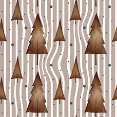 Wooden Christmas tree, Scandinavian style pattern on a vertical background in light brown and beige tones. Repeating ornament for textile or packaging, flat illustration, vector style.