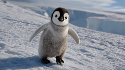 Penguin chick waddles on snowy ice in Antarctica during a sunny day, showcasing its fluffy feathers and curious demeanor