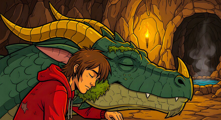 A heartwarming fantasy scene of a young boy sleeping peacefully next to his giant green dragon friend inside a dimly lit, cozy cave