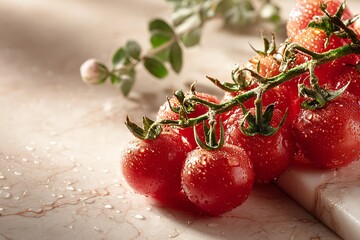 A close up of a bunch of red cherry tomatoes on a marble surface with water droplets
