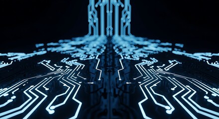 Digital Pathways: An artistic rendering of a circuit board glows with an electric blue light. It represents the intricate pathways of technology.