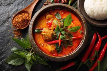 Red thai chicken curry with rice and chili