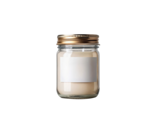 Aromatic candle in a glass jar with a blank label isolated on transparent background, perfect for adding your own branding and creating a cozy atmosphere in any room