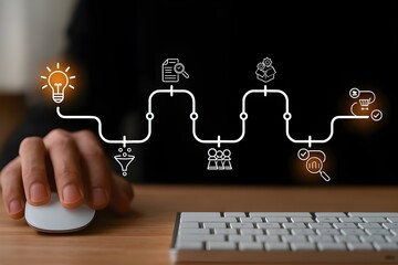 Creative product development process and innovation roadmap with idea generation, research, planning, and production stages