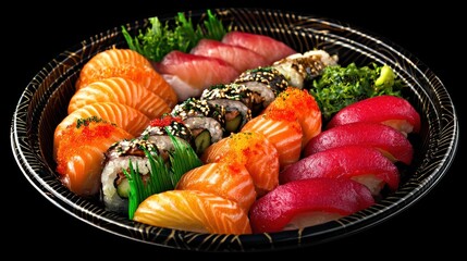 fresh assorted colorfull sushi plate over black no logos no brands ar 169