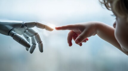 Child's hand touching a robot's finger, symbolizing the future of ai and human connection