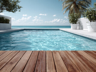 Fototapeta premium outdoor scene with a rectangular swimming pool surrounded by a wooden deck. The pool overlooks a beautiful ocean view with clear blue skies and scattered clouds, and there are potted plants and palm 