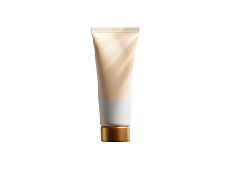 Closeup of a beige and white cosmetic tube with a golden cap, isolated on transparent background, perfect for showcasing beauty products and skincare essentials in a minimalist style