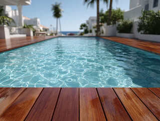outdoor scene with a rectangular swimming pool surrounded by a wooden deck. The pool overlooks a beautiful ocean view with clear blue skies and scattered clouds, and there are potted plants and palm 