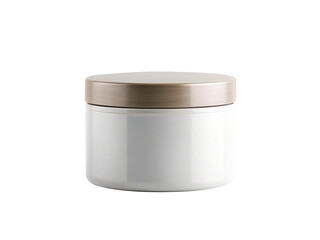 Closeup shot of a white cosmetic jar with a golden lid, perfect for showcasing beauty products, creams, or lotions, isolated on transparent background