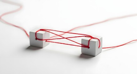 Conceptual connection network: red string connecting white cubes on a clean white surface background