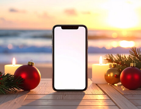 Smartphone mockup with Christmas ornaments and candles at sunset beach - Powered by Adobe