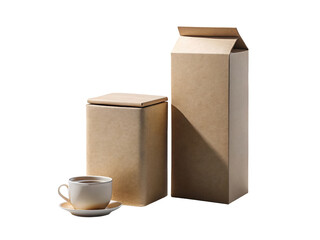 Elegant tea set with cardboard boxes isolated on transparent background, showcasing a sophisticated blend of tradition and sustainability for a delightful tea experience