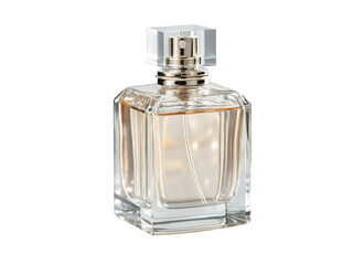 Elegant square perfume bottle isolated on transparent background, showcasing its clear glass design, silver accents, and the subtle golden hue of the fragrance within, perfect for beauty and fashion