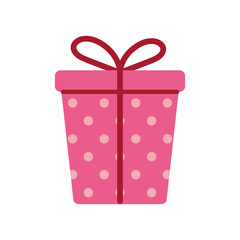 Vector illustration of pink gift box with polka dots, topped with red ribbon and bow. Cute festive present icon for birthdays, celebrations, Christmas, wrapping, cards, and cheerful seasonal design.