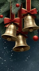 Holiday bells hang decoratively amidst festive greenery and ornaments during winter season celebrations