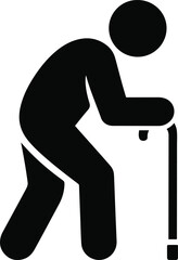 Elderly person icon, minimal black vector of senior with walking stick