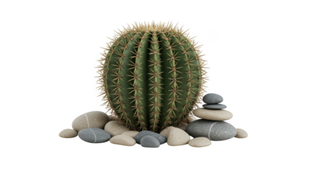 Green barrel cactus with smooth stones isolated on transparent background