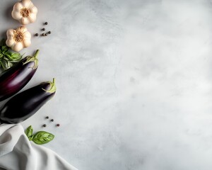 Fresh eggplants, garlic, and basil on a light gray background. Minimal food composition with soft natural light and copy space, perfect for healthy cooking or recipe design projects.