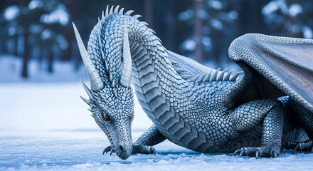 Magnificent silver dragon with glowing amber eyes resting on the frozen ground of a snowy winter forest landscape