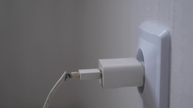 Faulty phone charger with damaged wire insulation being unplugged from socket by hand, danger from household electrical appliances