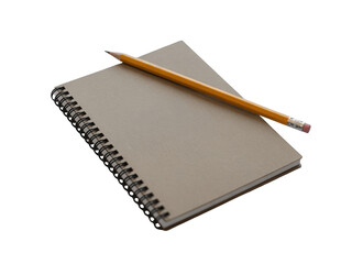 Notebook with a pencil on top, isolated on transparent background the notebook has a spiral binding and a plain cover, perfect for writing and sketching