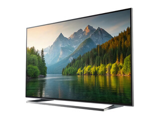 Modern flat screen television displaying a picturesque mountain landscape with a serene lake and lush green forest, isolated on transparent background