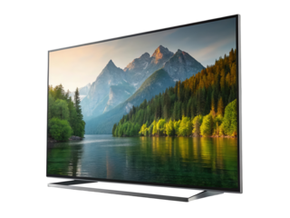Modern flat screen television displaying a picturesque mountain landscape with a serene lake and lush green forest, isolated on transparent background