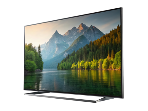 Modern flat screen television displaying a picturesque mountain landscape with a serene lake and lush green forest, isolated on transparent background - Powered by Adobe