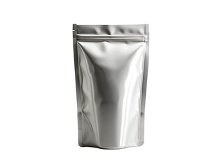 Shiny silver standup pouch mockup isolated on transparent background, perfect for showcasing food, snack, or product packaging designs with a clean and modern aesthetic appeal