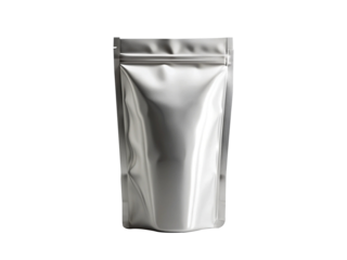 Shiny silver standup pouch mockup isolated on transparent background, perfect for showcasing food, snack, or product packaging designs with a clean and modern aesthetic appeal