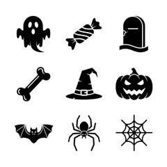 Halloween icons ghost candy tombstone bone hat pumpkin bat spider web silhouette isolated on white background