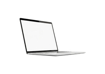 Sleek silver laptop with a blank white screen, isolated on transparent background, perfect for showcasing web designs, software interfaces, and digital content in a modern style