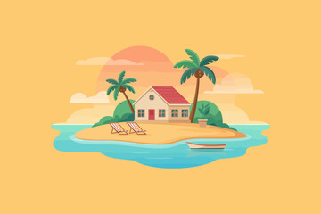 Obraz premium Minimalist tropical island scene with house palm trees and ocean sunset vector