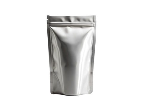Shiny silver standup pouch mockup isolated on transparent background, perfect for showcasing food, snack, or product packaging designs with a clean and modern aesthetic appeal