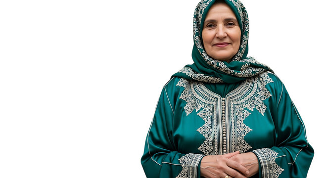Portrait of a mature woman in traditional moroccan dress isolated on transparent background