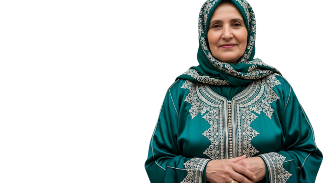 Portrait of a mature woman in traditional moroccan dress isolated on transparent background