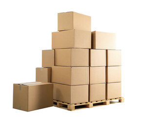 Stack of cardboard boxes on a wooden pallet, perfect for illustrating logistics, shipping, or storage solutions, isolated on transparent background