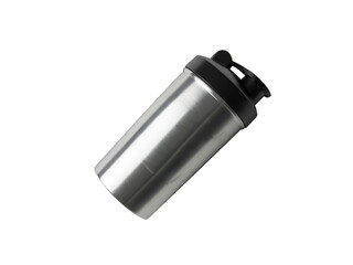 Stainless steel protein shaker bottle with black lid isolated on transparent background, perfect for fitness enthusiasts and athletes to mix protein shakes and supplements