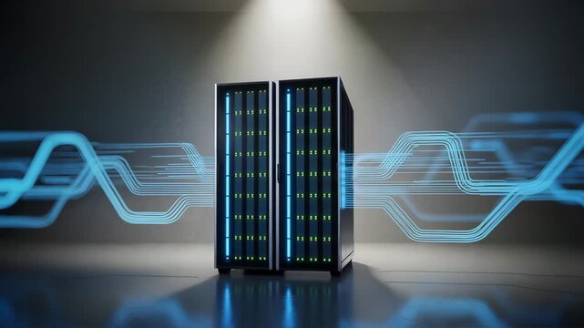 High-tech server room with light lines showing data flow concept of Technology and Modernization. - Powered by Adobe