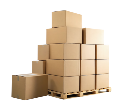 Stack of cardboard boxes on a wooden pallet, perfect for illustrating logistics, shipping, or storage solutions, isolated on transparent background - Powered by Adobe