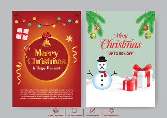 Editable Print Ready A4 Poster and Flyer Template for Christmas and Happy New Year Festive Celebration, Holiday Party, Sale, Discount, Brochure for Promotion with 3d snowman, gift box illustration