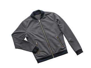 Trendy dark gray bomber jacket isolated on transparent background, a versatile and stylish piece for mens fashion, perfect for casual or semiformal occasions