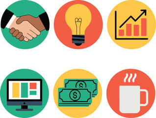 Business icon set, flat colorful circle icons for finance and teamwork concepts