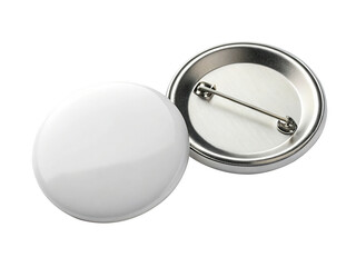 Two blank white round pin buttons isolated on transparent background, perfect for creating custom designs, promotional items, or personalized accessories for events