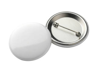 Two blank white round pin buttons isolated on transparent background, perfect for creating custom designs, promotional items, or personalized accessories for events