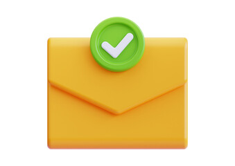 Yellow envelope with green check mark isolated on transparent background