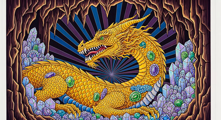A majestic golden dragon with sparkling emeralds and sapphires rests regally amidst an enchanting crystalline cavern, bathed in a mystical, radiant glow