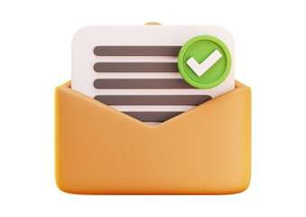 Open envelope with document and green check mark isolated on transparent background