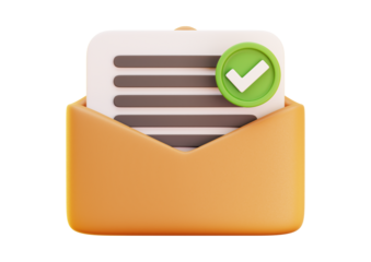 Open envelope with document and green check mark isolated on transparent background